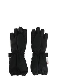 Schwarze Handschuhe mit einer strukturierten Oberseite, separaten Fingern, einem verstellbaren Bund und einem gerafften Handgelenkdesign für eine verbesserte Passform und Isolierung.