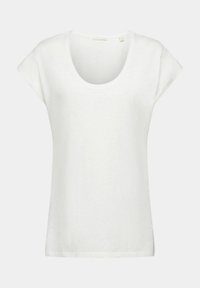 Biały t-shirt z krótkim rękawem, wykonany z miękkiego materiału, z szerokim, zaokrąglonym dekoltem i luźnym krojem. Gładka tekstura bez widocznych wzorów.