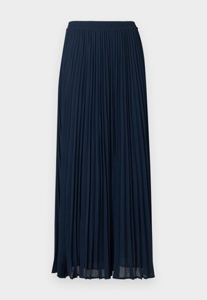 Navy blue pleated skirt with an elastic waistband, featuring vertical folds and a flowing, lightweight fabric texture.