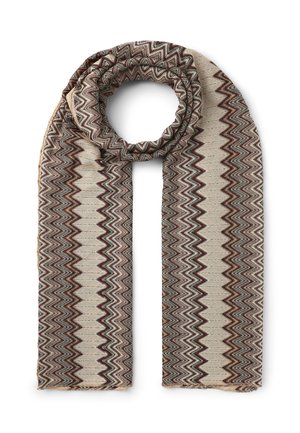 Sciarpa a motivi in beige, marrone e verde, con un design a zigzag. Realizzata in materiale tessuto, ha una texture liscia e una caduta morbida.