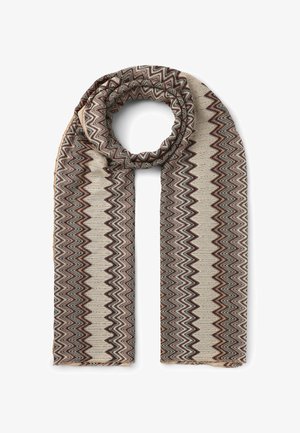 Sciarpa a motivi in beige, marrone e verde, con un design a zigzag. Realizzata in materiale tessuto, ha una texture liscia e una caduta morbida.