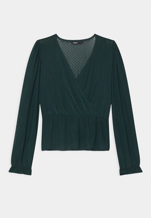 Dunkelgrüne Wickelbluse mit langen Ärmeln, gepunkteter Textur und geraffter Taille. Verfügt über einen tiefen V-Ausschnitt und Glockenärmel.
