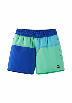 Dziecięce spodenki kąpielowe z elastycznym pasem, z blokami kolorów w odcieniach niebieskiego, zielononiebieskiego i turkusowego, z małą naszywką z logo na nogawce.