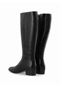 Black leather knee-high boots with a smooth finish, square block heel, and a zip closure on the inner side.