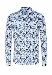 Langarmhemd mit weißem Hintergrund und einem blauen Blumen- und Vogelmuster. Hergestellt aus leichtem Stoff, mit einem Button-Down-Kragen.