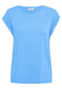 Ljusblå kortärmad T-shirt i mjuk tyg, med rund hals och uppvikta ärmar. Enkelt design utan mönster.