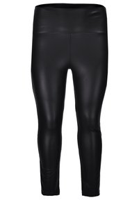 Svarta leggings i glansigt, elastiskt material. Har ett högt elastiskt midjeband och en åtsittande design med en mjuk yta.