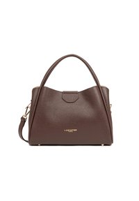 Sac à main en cuir marron au design structuré, doté de deux poignées et d'une bandoulière amovible, estampillé "Lancaster Paris."