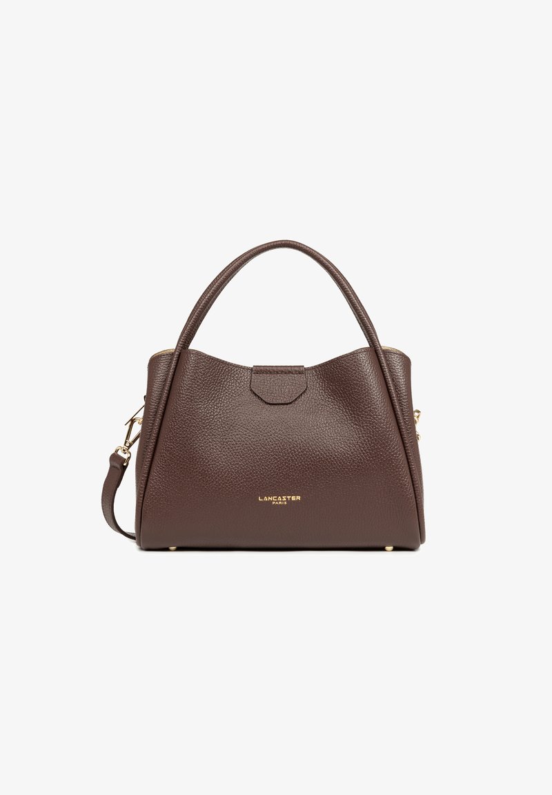 Borsa a mano in pelle marrone con un design strutturato, dotata di due manici e di una tracolla staccabile, impreziosita dalla stampa "Lancaster Paris".
