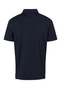 Tmavě modrá polokošile s krátkými rukávy, klasickým límečkem, hladkou texturou, jednobarevným designem a jemným bočním rozparkem na spodním okraji.