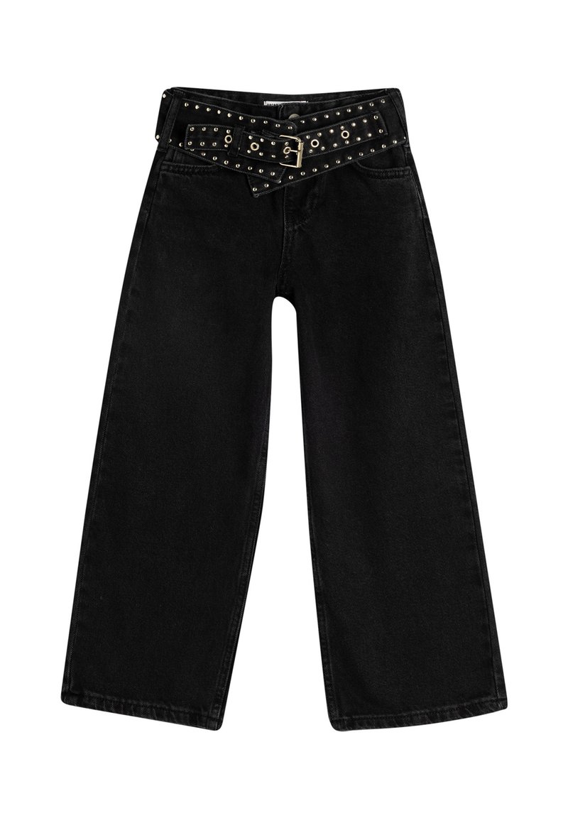 Svart denim byxor med vida ben som har ett nitat bälte med spänne. Tyget har en slät yta och designen är löst sittande.