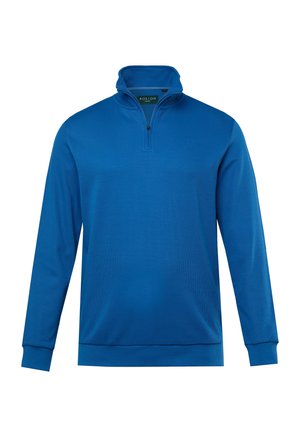 Pulower z ćwiartkowym zamkiem w jasnoniebieskim materiale, z długimi rękawami, teksturowaną powierzchnią oraz ściągaczami na końcach rękawów i u dołu.