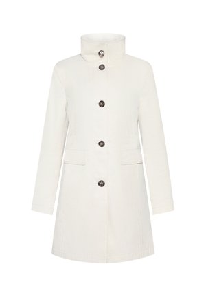 Lysefarvet, knælang frakke med høj krave, frontknapper og to sidelommer; lavet af glat stof med en subtil glans.