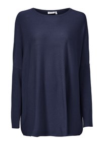 Pull en maille bleu marine avec une coupe décontractée, des manches longues, des accents côtelés et un col rond. Texture lisse avec une retombée décontractée.