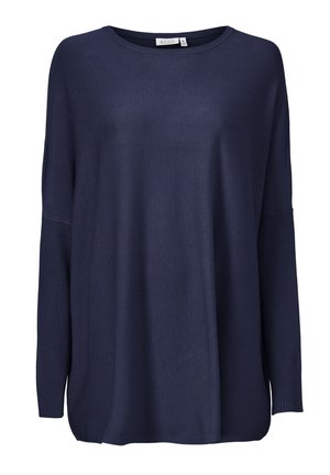 Suéter de punto azul marino con un corte relajado, mangas largas, detalles acanalados y un cuello redondo. Textura suave con un caíd casual.
