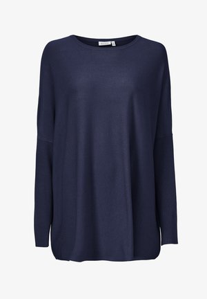 Pull en maille bleu marine avec une coupe décontractée, des manches longues, des accents côtelés et un col rond. Texture lisse avec une retombée décontractée.