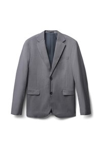 Blazer grigio da uomo a due bottoni con rever a scaglie, tasche anteriori a toppa e taschino sul petto, esposto su uno sfondo bianco.