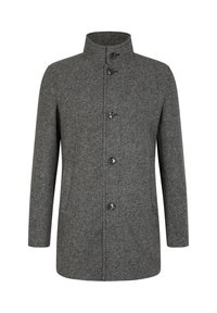 Cappotto grigio a spina di pesce con colletto alto, caratterizzato da cinque bottoni frontali e tasche laterali. Il tessuto appare testurizzato e resistente.
