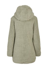 Chaqueta de forro polar con capucha de manga larga, de color verde claro, con una superficie suave y texturizada, mostrada desde la parte trasera sobre un fondo blanco.