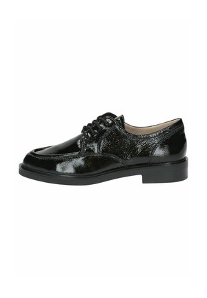 Black patent leather dress shoe with a rounded toe, lace-up design, textured surface, and a low, solid black heel.