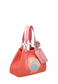 Orange Canvas-Shopper-Tasche mit rosa Akzenten, ausgestattet mit einem grafischen Druck, der "STRONG GIRLS MAKE" liest, sowie einem passenden abnehmbaren Täschchen.