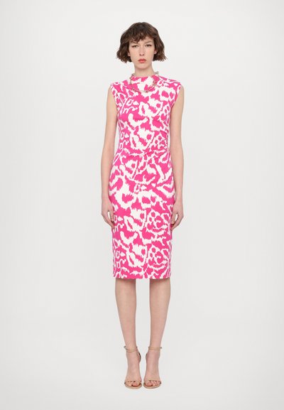 Fitted sleeveless dress in bright pink with white abstract leopard pattern; knee-length; smooth fabric; round neckline; minimalistic design.