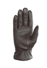 Ruda odinė pirštinė su lygiu paviršiumi, penki pirštai ir prigludusi riešo dalis, turinti sudraskytą siūlę ties rankovės žiedu.