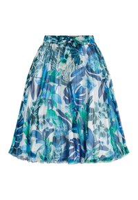 Gonna a trapezio floreale in tessuto trasparente con motivi blu, verdi e bianchi. Presenta una cintura annodata e un design a pieghe per il movimento.