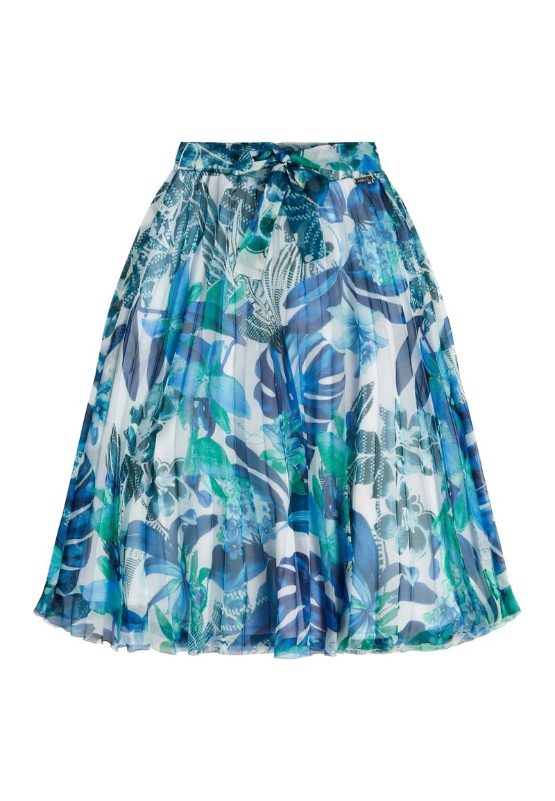 Gonna a trapezio floreale in tessuto trasparente con motivi blu, verdi e bianchi. Presenta una cintura annodata e un design a pieghe per il movimento.