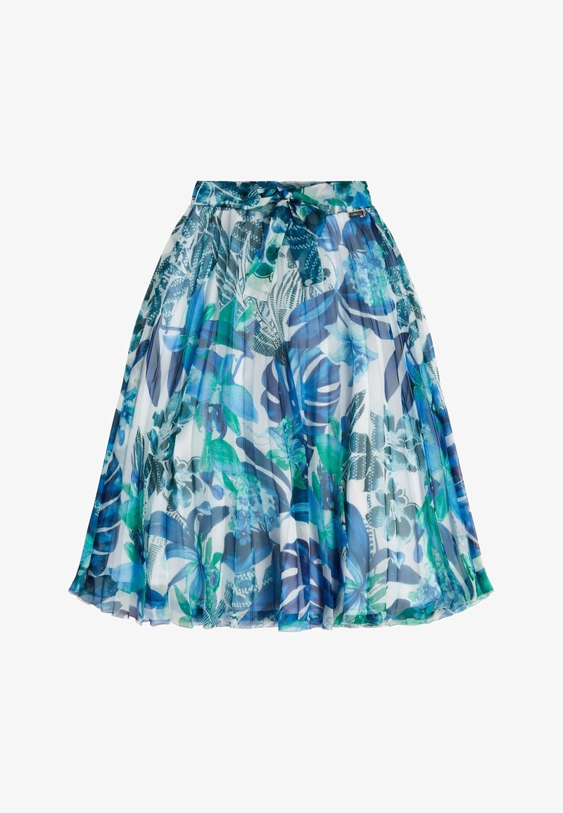 Gonna a trapezio floreale in tessuto trasparente con motivi blu, verdi e bianchi. Presenta una cintura annodata e un design a pieghe per il movimento.