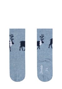 Himmelblaue Baumwollsocken mit dunkelblaue Rentiermustern auf jeder Seite. Rippstruktur mit glatter Zehenpartie und einem Markenlogo auf der Sohle.