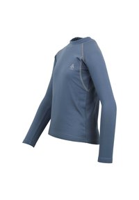 T-shirt de sport à manches longues, de couleur bleue, en tissu extensible, avec un col rond et des coutures contrastantes.