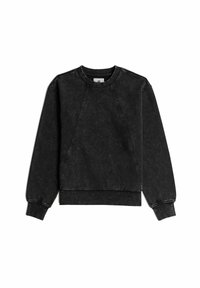 Felpa nera con colletto a girocollo a coste, maniche lunghe e orlo leggermente accorciato. Presenta una texture scolorita e ricami discreti.