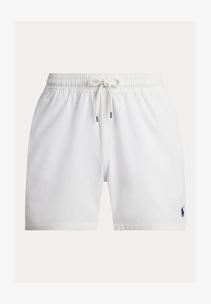 Witte short met elastische tailleband, trekkoord en klein donker logo op het onderste rechterbeen.