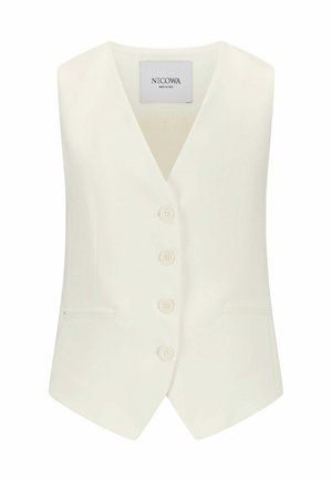 Gilet sans manches blanc avec un décolleté en V profond, cinq boutons à l'avant, deux poches latérales et une coupe ajustée, fabriqué en tissu lisse.