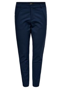 Navy blue tapered trousers made of smooth fabric featuring side pockets and a classic waistband. Minimalist design with no visible patterns.