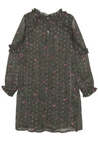 Långärmad grön blommig klänning med genomskinligt tyg, volangkant vid halsringningen och ärmslut, med rosa och lila blommönster på en bladig bakgrund.