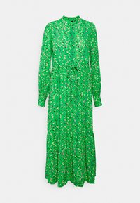 Grünes, langärmliges Kleid mit hohem Ausschnitt, floralem Muster in lila und gelb, tailliert mit Bindeband und gestuftem Rock.