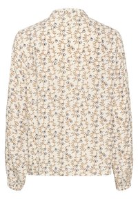 Bluzka z długim rękawem w kremowym kolorze, zdobiona kwiatowym wzorem w odcieniach brązu i niebieskiego. Tył ma okrągły kołnierz i zebrane mankiety.