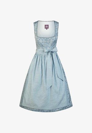 Light blue sleeveless dress with diamond pattern bodice, square neckline, fitted waist, and matching bow-tied apron skirt.