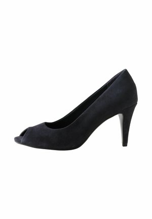 Mustat nubuck peep-toe-korkokengät, joissa on tyylikäs muotoilu, kapeneva rakenne ja 3 tuuman stiletto-korko. Silkkinen pinta, minimalistiset yksityiskohdat.