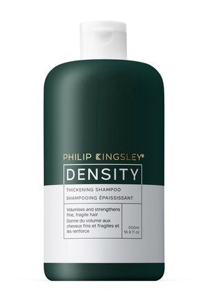 Bouteille verte et blanche de shampooing épaississant Philip Kingsley Density pour cheveux fins et fragiles, 500 ml, 16,9 fl oz, avec étiquetage bilingue.