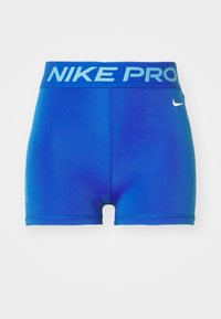 Shorts Nike Pro bleus avec une ceinture contrastante bleu, fabriqués en matériau lisse et extensible. Présentent un petit logo Nike à l'avant.