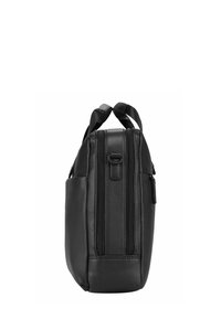 Schwarze Ledertasche mit zwei oberen Griffen, Seitentaschen und Reißverschluss. Glatte Textur und rechteckige Form mit minimalistischem Design.