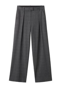 Pantalones amplios grises con un estampado a cuadros, confeccionados con una tela texturizada. Presentan pinzas y una cinturilla con un diseño de parte delantera plana.
