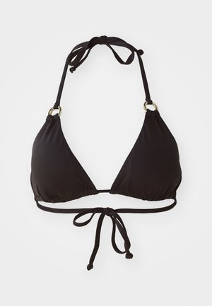Črn bikini zgornji del z trikotno zasnovo, nastavljivimi vezavami pri vratu in na hrbtu ter z zlatimi dodatki na naramnicah.