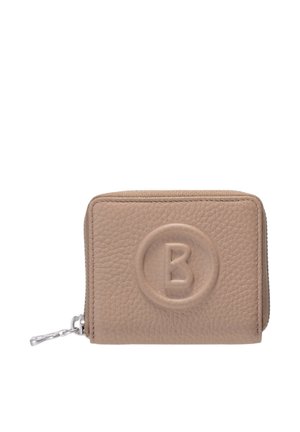 Béžová texturovaná kožená peněženka na zip s raženým kruhem a písmenem "B" na přední straně a stříbrným jezdcem na zipu.