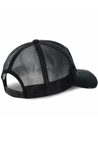 Casquette noire avec un avant solide et un dos en mesh, dotée d'un visière incurvée et d'une fermeture à pression réglable pour un ajustement personnalisé.