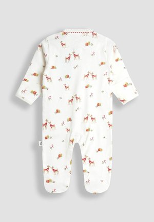 Hvid jumpsuit med lange ærmer, der har et festligt print af rensdyr og gaver. Lavet af blødt stof med en glat tekstur.