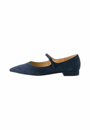 Dunkelblaue Wildleder Mary Jane Ballerina mit spitz zulaufender Spitze, einzelnem Riemen und kleiner Schnalle, niedrigem Absatz und beigem Innenfutter.